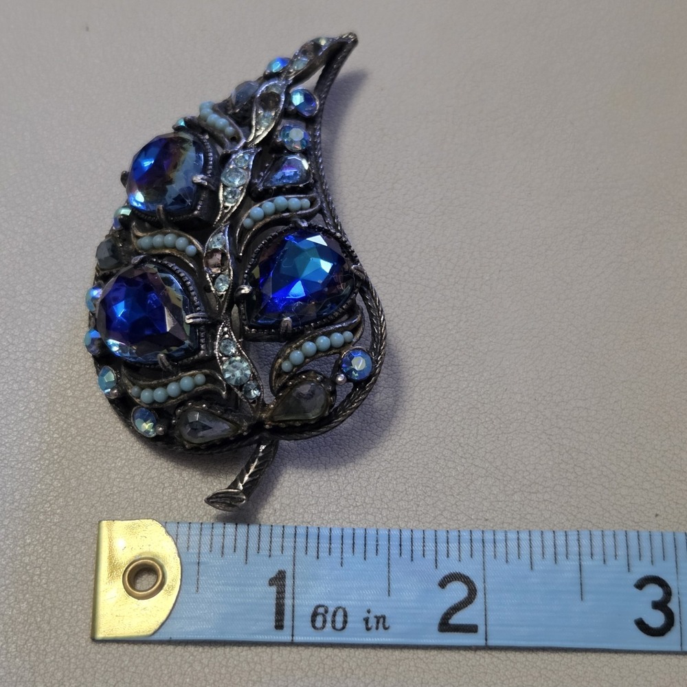 Vintage FLORENZA Signed Blue Vitrail Rhinestone Faux Pearls Leaf Brooch AS IS - Picture 3 of 5